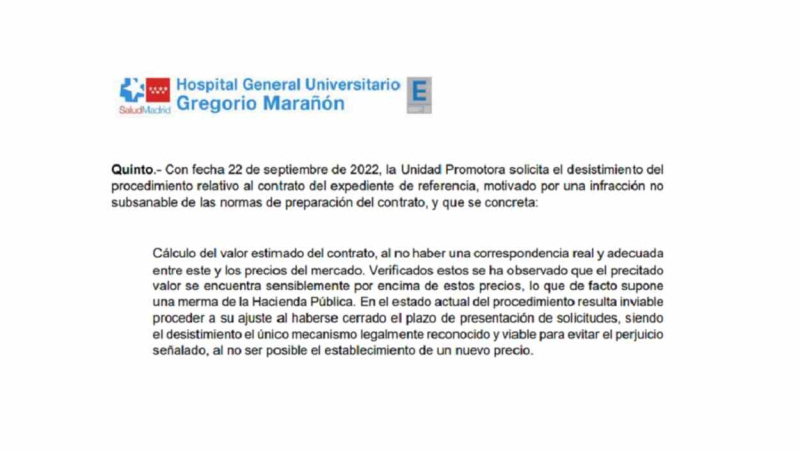 Captura de la resolución de desistimiento de los tres contratos del Hospital Gregorio Marañón