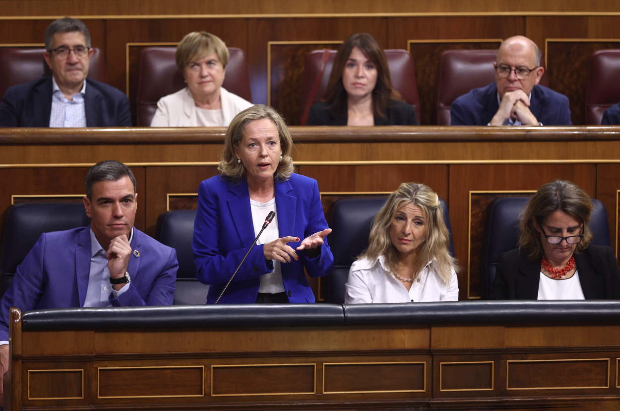 La vicepresidenta primera y ministra de Asuntos Económicos y Transformación Digital, Nadia Calviño, en el Congreso de los Diputados. EP