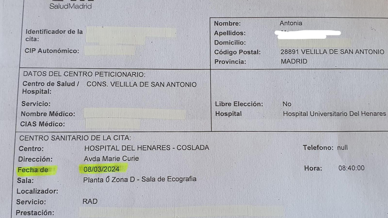 Citación para una colonoscopia a una paciente con preferencia para octubre de 2024. 