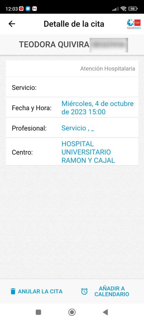 Cita Comunidad de Madrid para una paciente para 2023