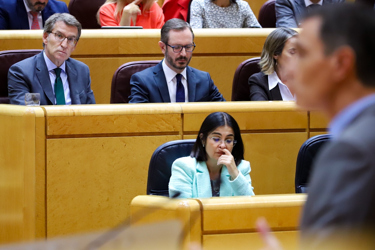 El líder del PP, Alberto Núñez Feijóo, escucha al presidente del Gobierno, Pedro Sánchez, en el Senado. Fernando Astasio.