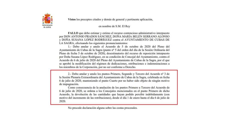 Fallo de la sentencia contra el Ayuntamiento de Cubas de La Sagra Fallo de la sentencia contra el Ayuntamiento de Cubas de La Sagra