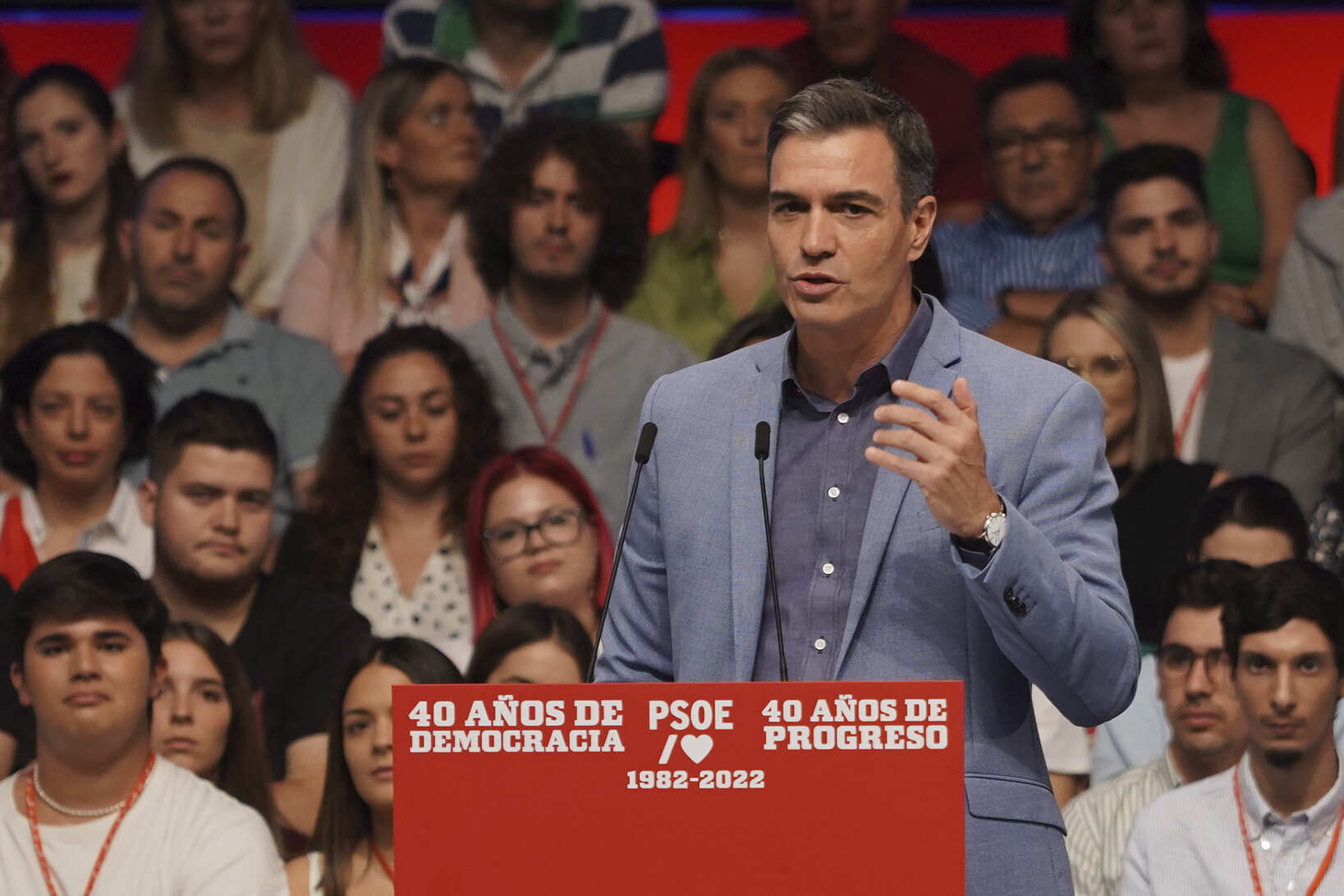 El presidente del gobierno, Pedro Sánchez, durante acto público organizado por el PSOE para conmemorar el 40 aniversario de la primera victoria electoral socialista en 1982. EP.