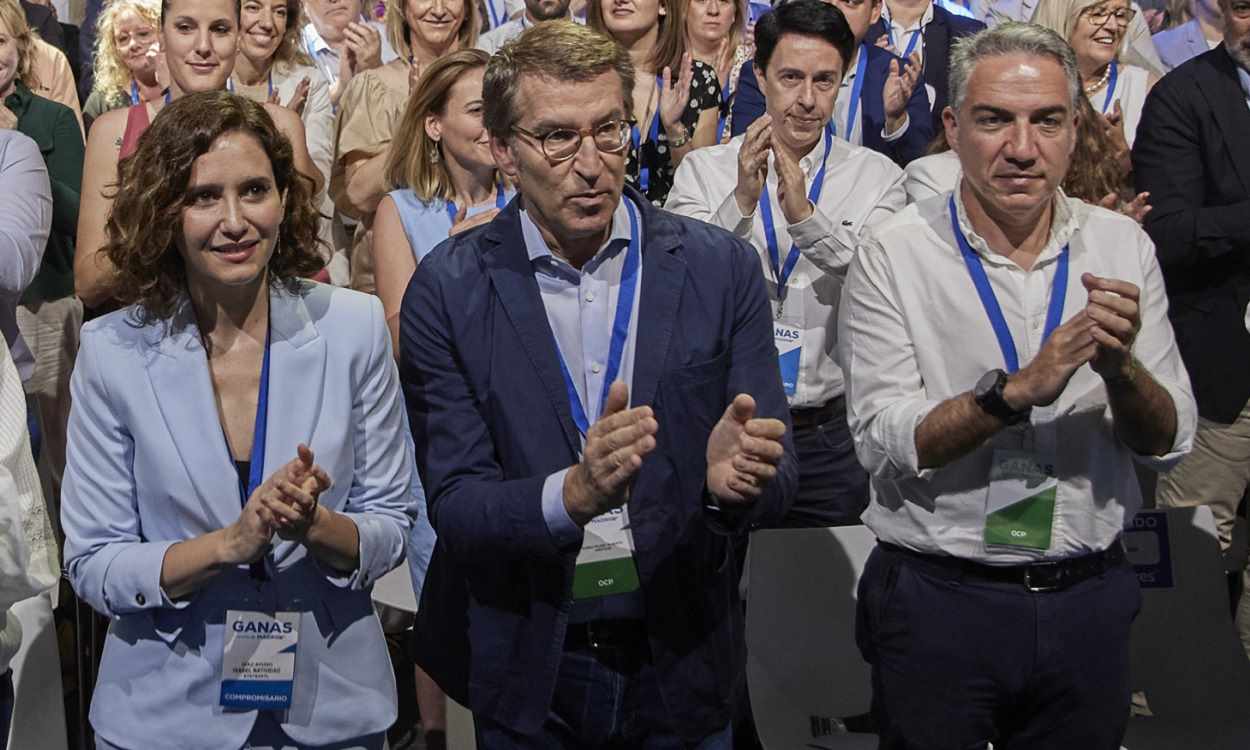 Isabel Díaz Ayuso, Alberto Núñez Feijóo y Elías Bendodo. EP