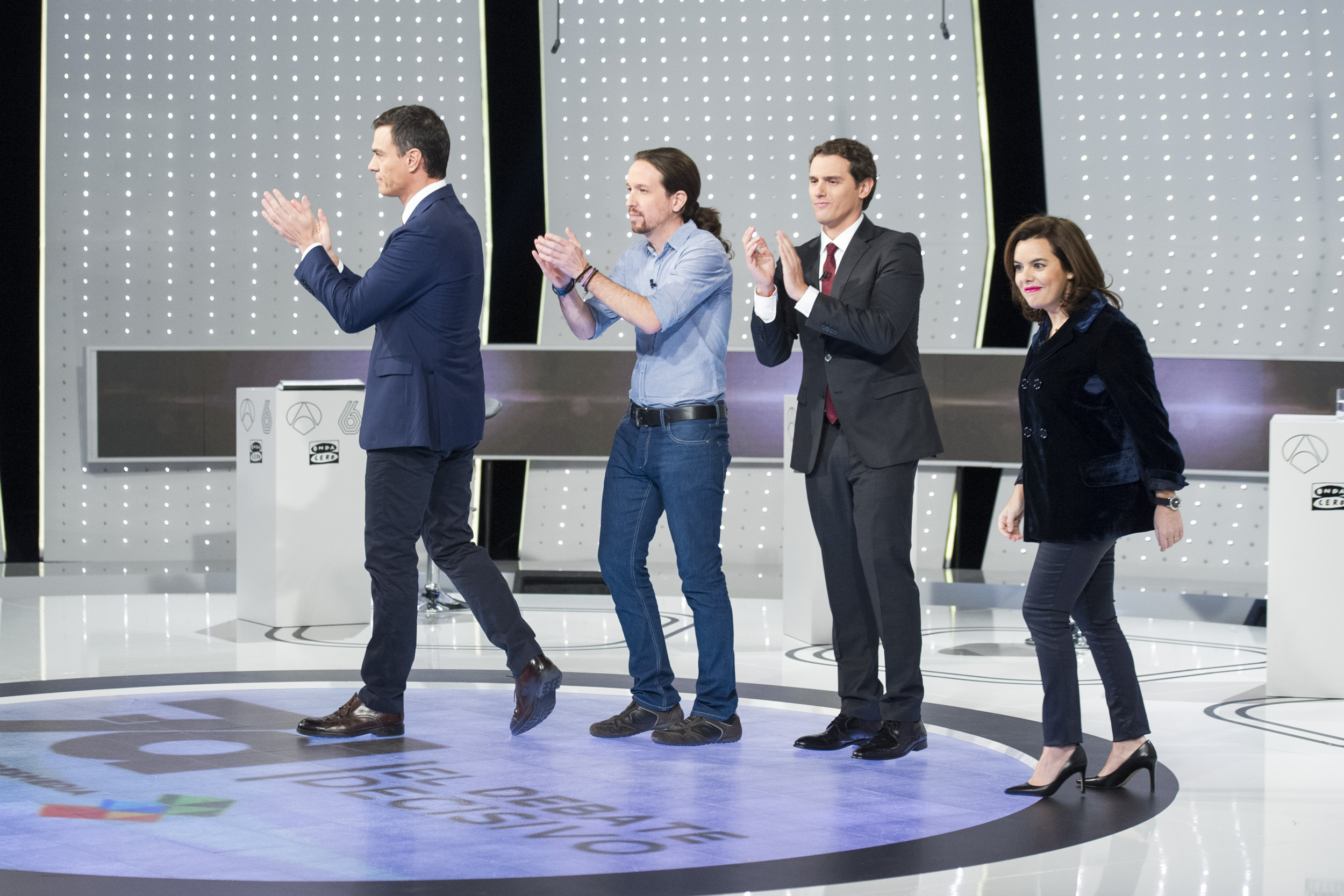 Foto facilitada por prensa de Atresmedia del debate a cuatro, con Pedro Sánchez, Pablo Iglesias, Albert Rivera y Soraya Sáenz de Santamaría.