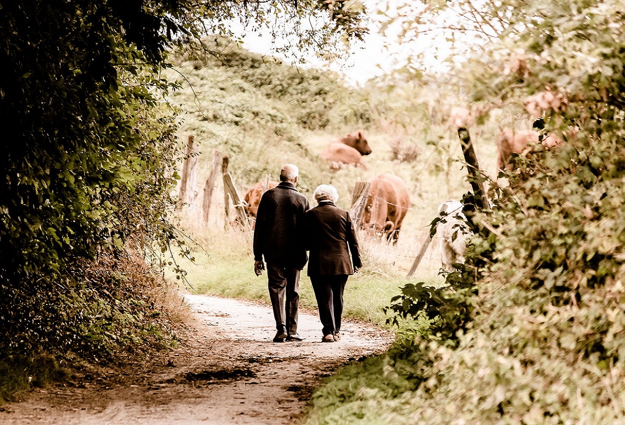 Dos personas mayores pasean por una zona rural