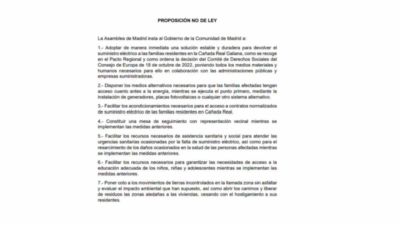 Texto de la Proposición No de Ley para reinstaurar la electricidad en la Cañada Real