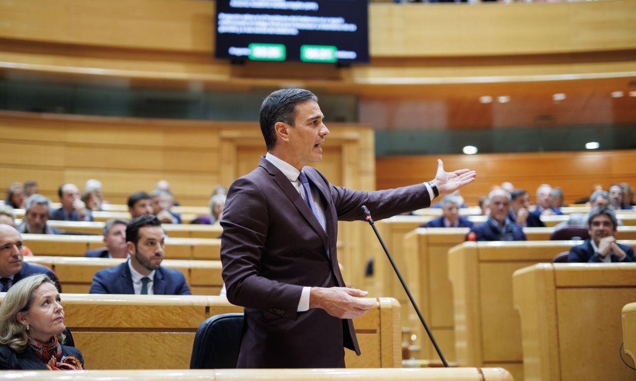 El presidente del Gobierno, Pedro Sánchez, en el último cara a cara con Feijóo en el Senado. EP.