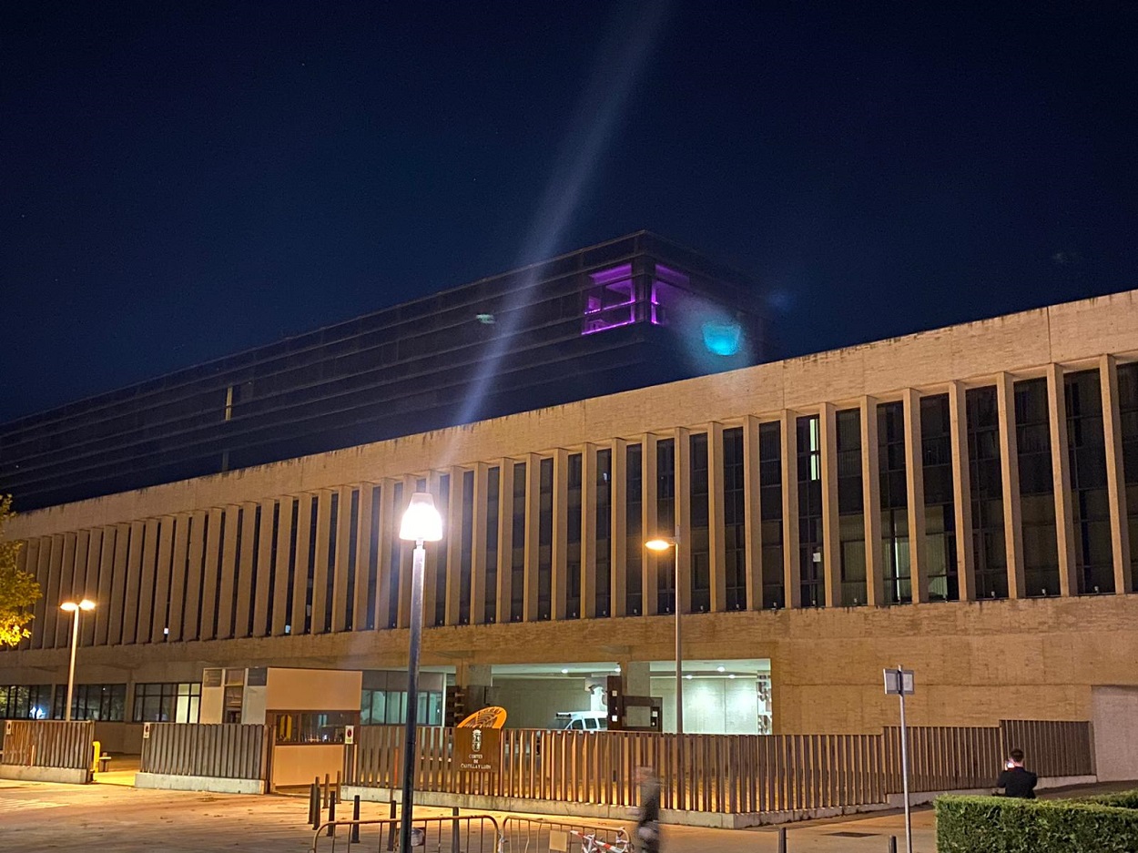 Las oficinas del grupo Socialista iluminan unas Cortes de Castilla y León oscurecidas por mandato de Vox. FV.