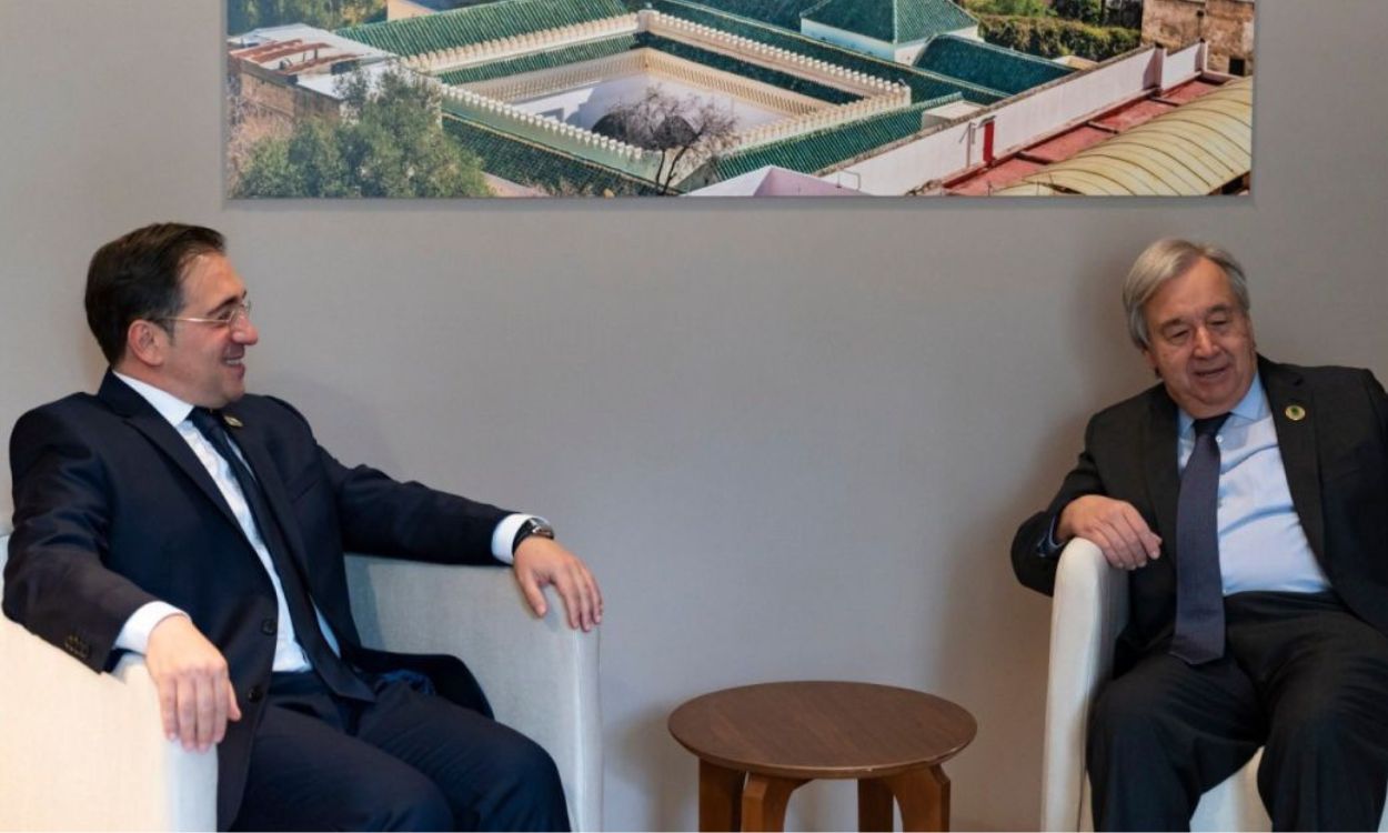 El ministro de Asuntos Exteriores, Unión Europea y Cooperación, José Manuel Albares, y el secretario general de Naciones Unidas, António Guterres