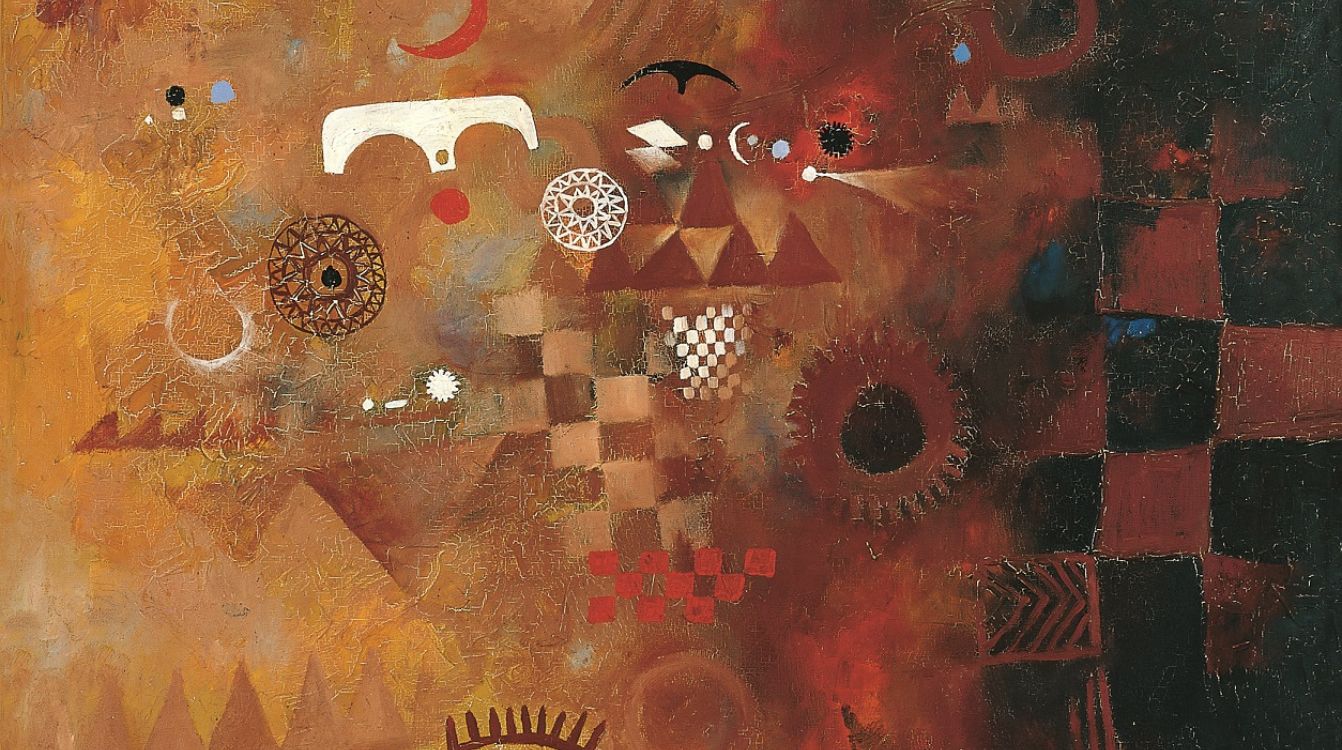 Manolo Millares, VEGAP 2022. Aborigen Nº3. Pictografía canaria, 1952. Óleo sobre lienzo. 59 x 72 cm. Colección particular