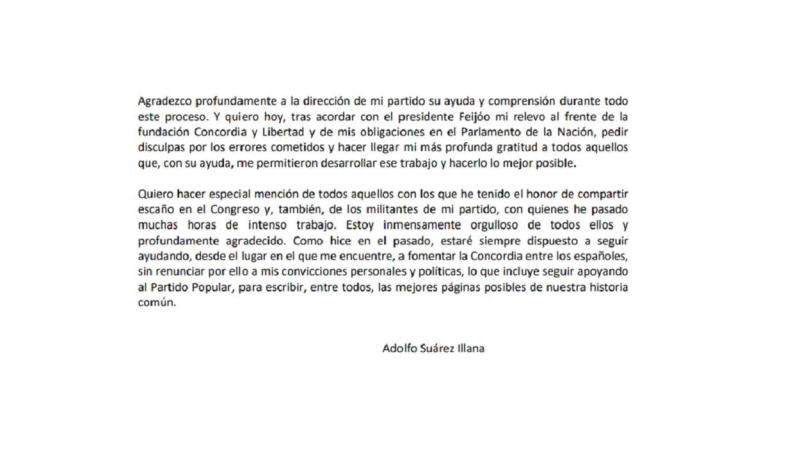 Adolfo Suárez Illana deja su escaño del Congreso