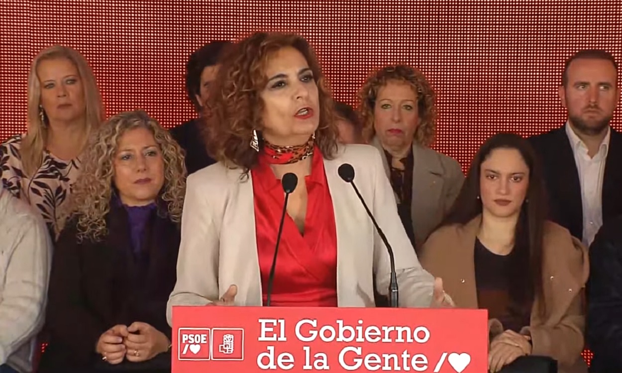 La ministra de Hacienda y vicesecretaria general del PSOE, María Jesús Montero, en un acto en Sevilla. @PSOE via YouTube.