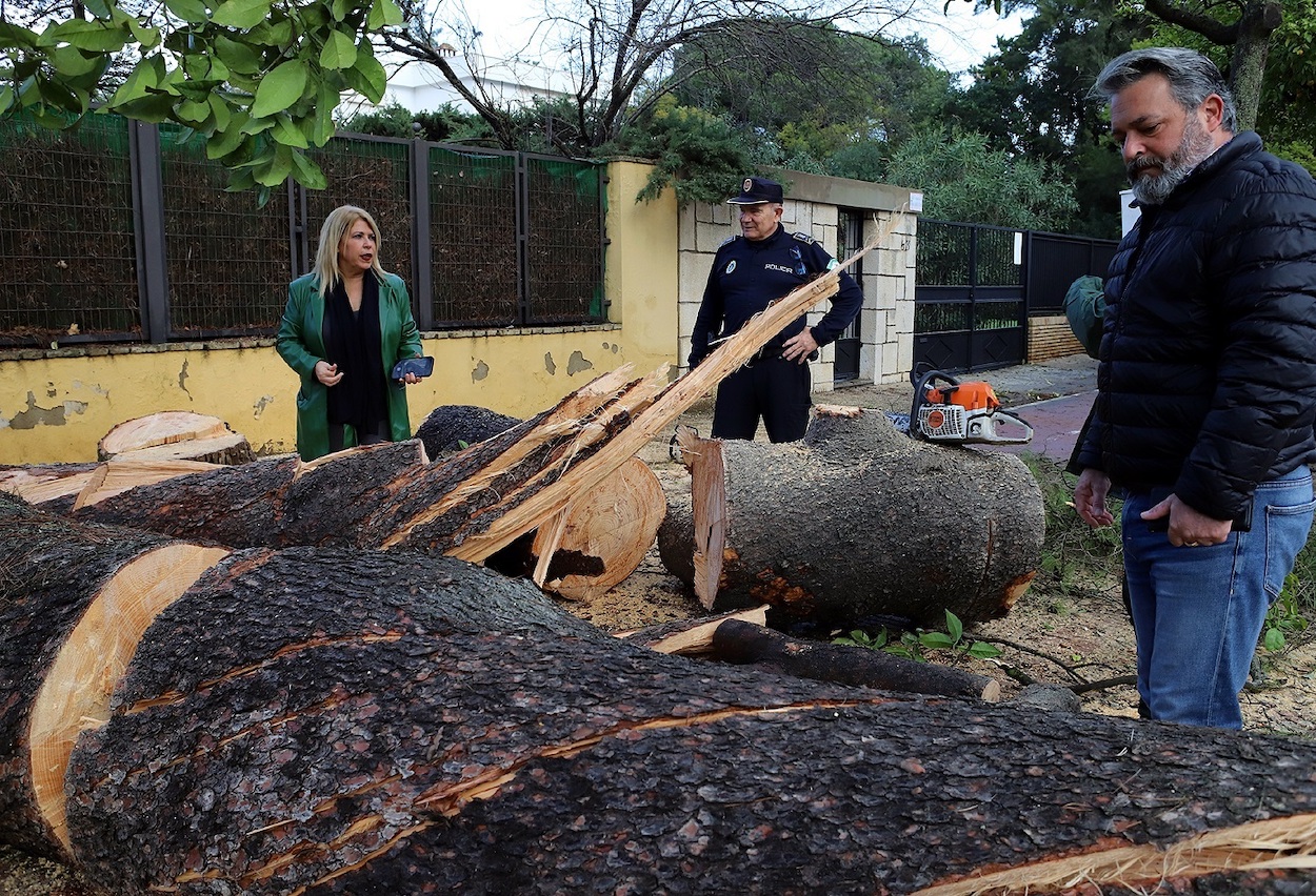 La alcaldesa de Jerez, Mamen Sánchez, visitando ayer los daños ocasionados por el vendaval.