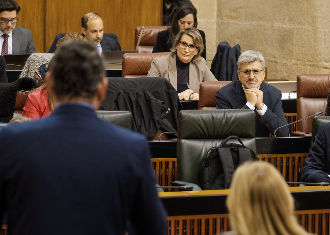El consejero de Presidencia, Antonio Sanz, de espaldas, hoy en el Parlamento dirigiéndose al grupo socialista..