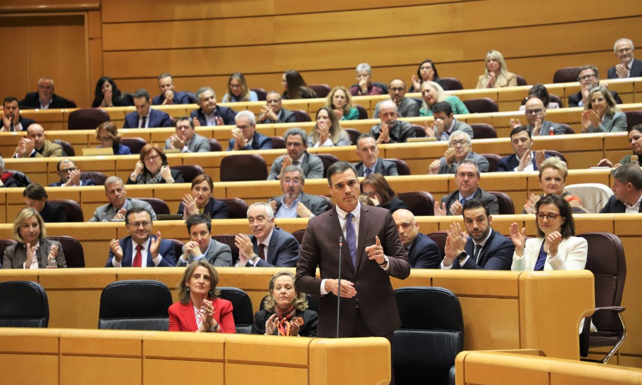 El presidente del Gobierno, Pedro Sánchez, en su turno de palabra durante un pleno del Senado