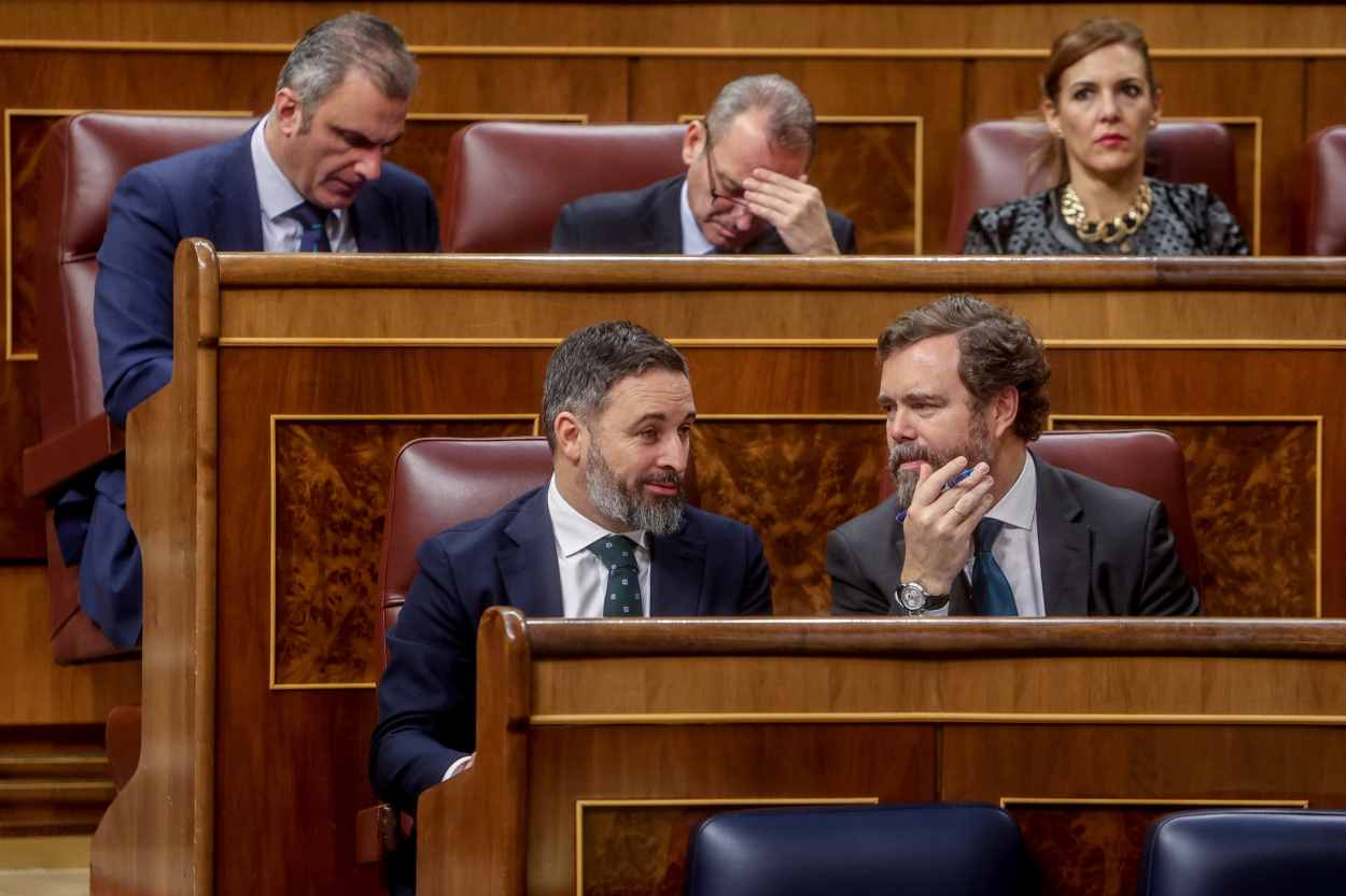 El líder de Vox, Santiago Abascal (i), y el portavoz parlamentario de Vox en el Congreso, Iván Espinosa de los Monteros (d), durante una sesión plenaria en el Congreso de los Diputados.