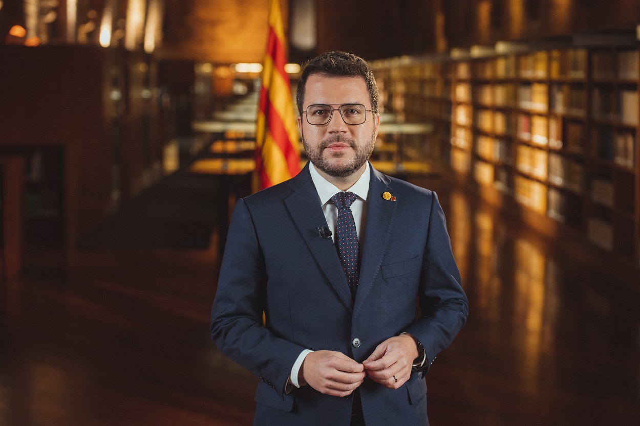 El presidente de la Generalitat, Pere Aragonès, durante su discurso institucional navideño. EP.