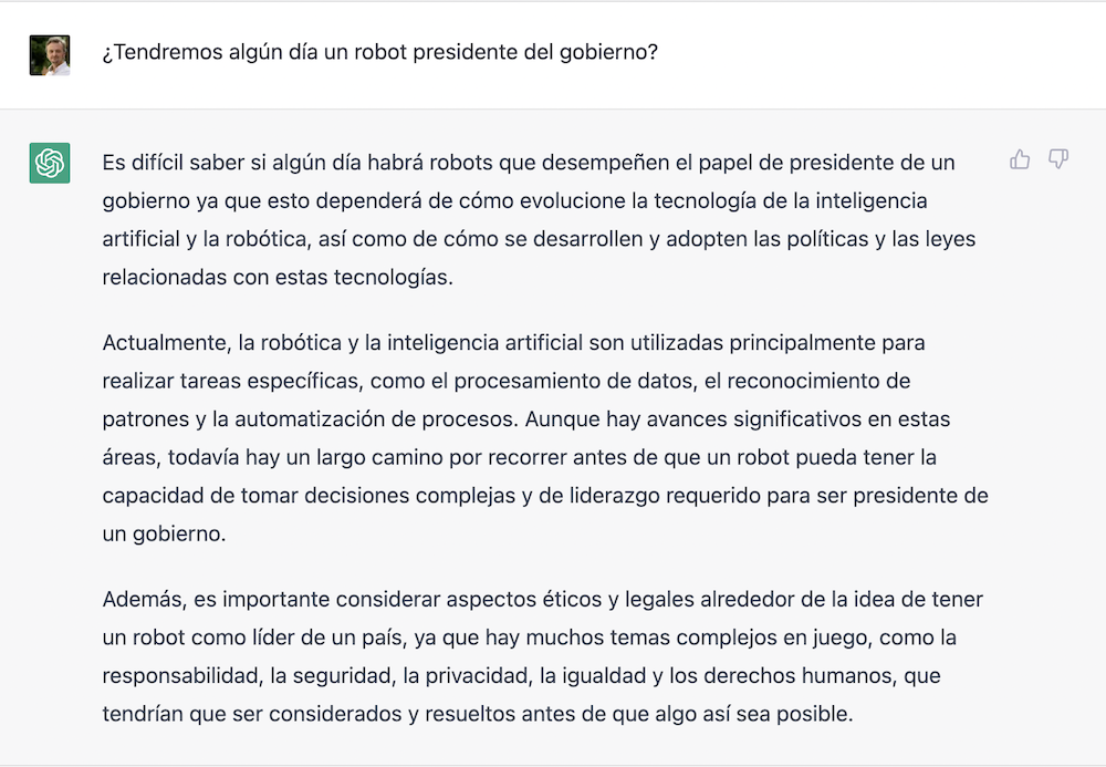 ChatGPT responde a la pregunta de si tendremos un robot presidente del gobierno