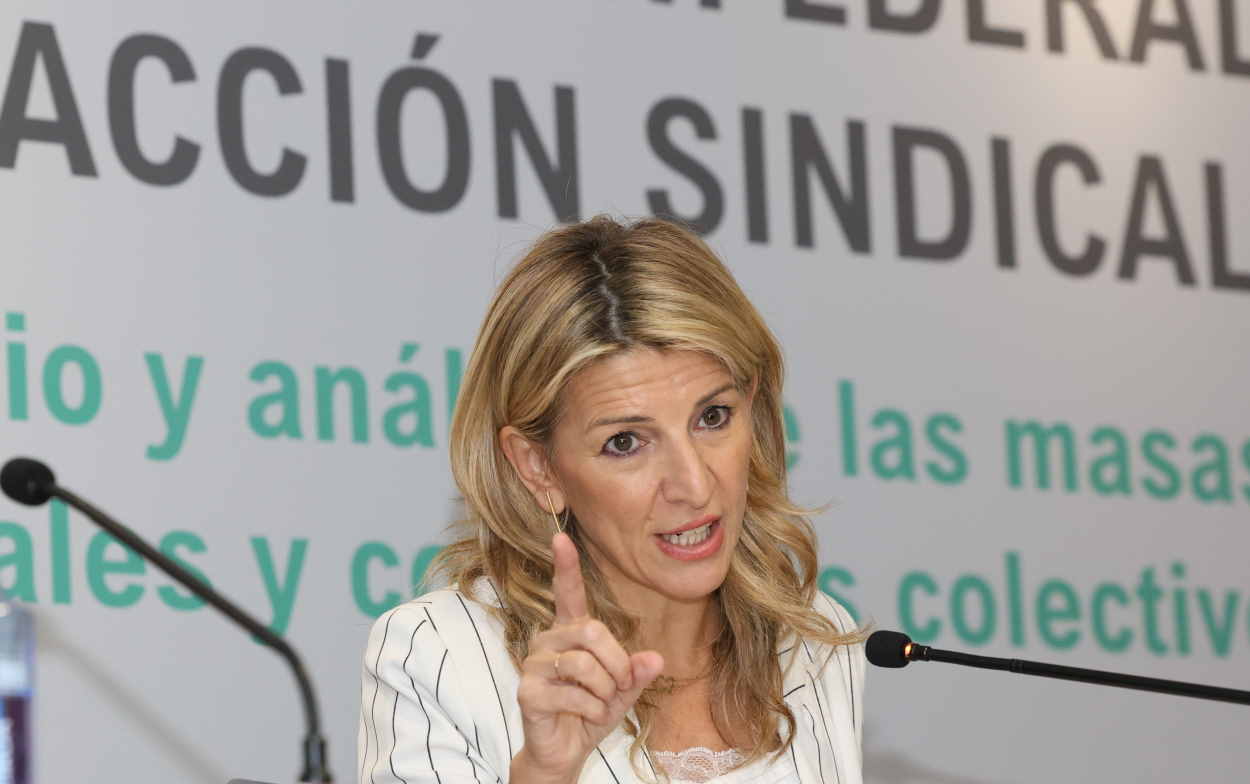 La vicepresidenta segunda y ministra de Trabajo y Economía, Yolanda Díaz, interviene en las Jornadas Confederales de Acción Sindical de UGT. EP