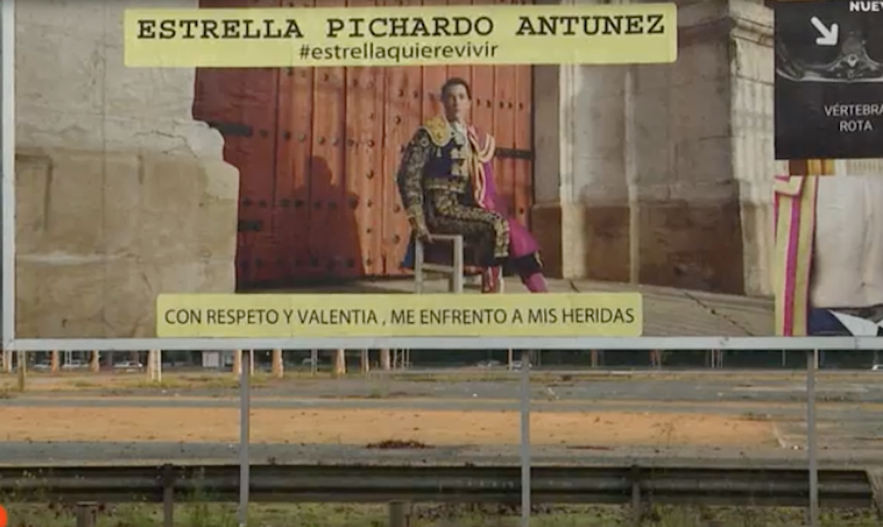La valla publicitaria, situada en el Real de la Feria de Abril, con la que Estrella Pichardo ha dado a conocer su drama.