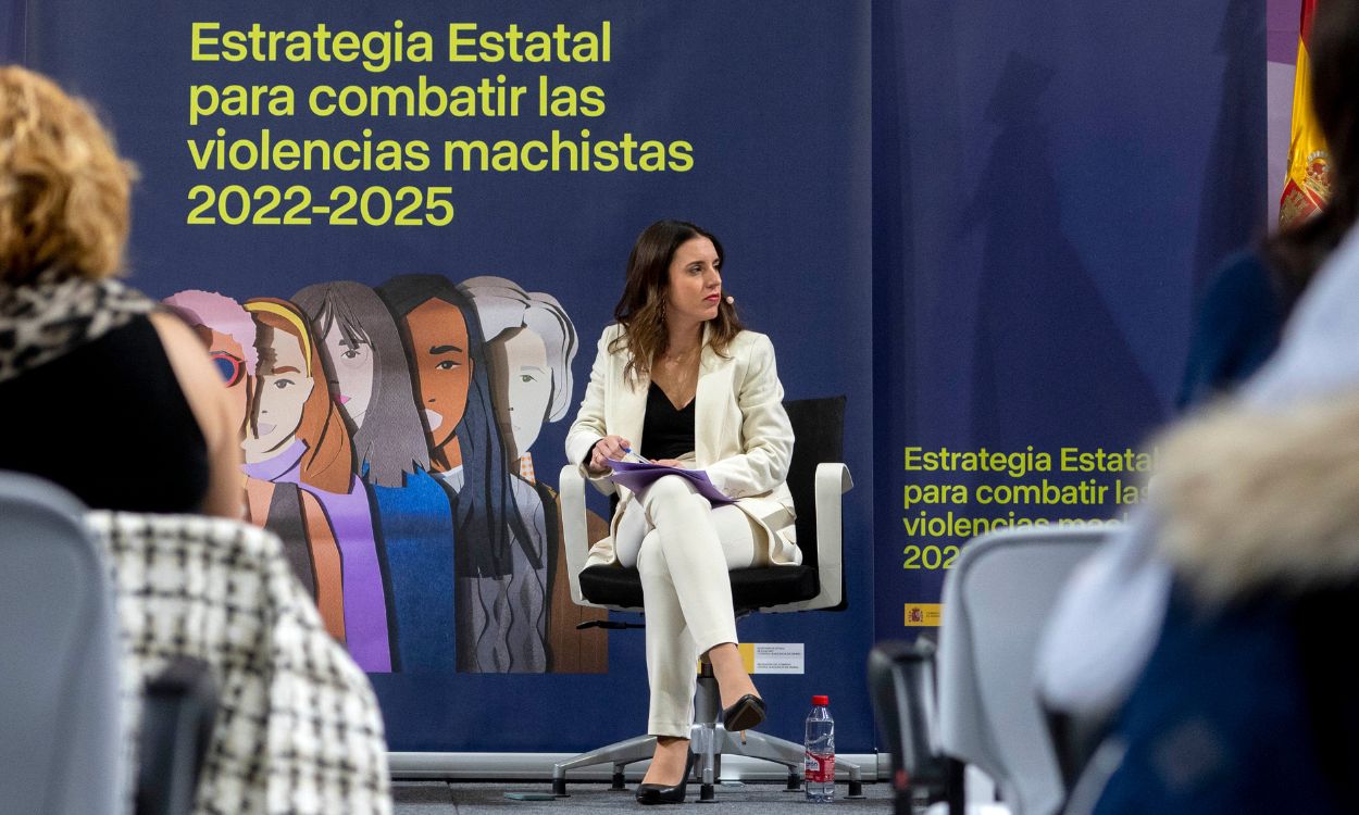 La ministra de Igualdad, Irene Montero, en la presentación de la estrategia estatal contra las violencias machistas. EP.