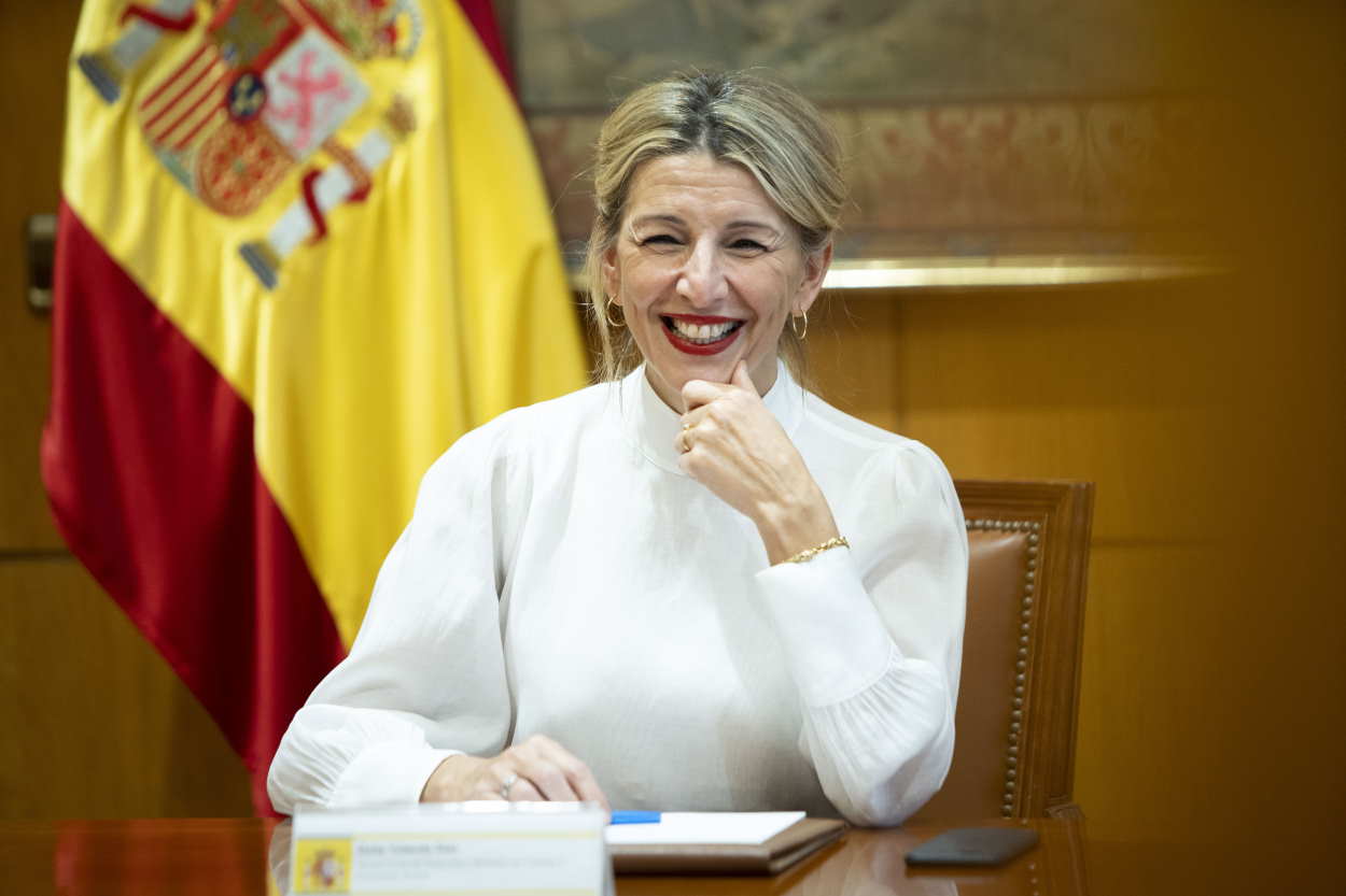 Yolanda Díaz, vicepresidenta y ministra de Trabajo y Economía Social, durante la reunión sobre el SMI