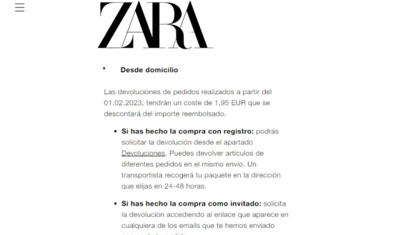 Devolución a domicilio de Zara por 1,95 euros