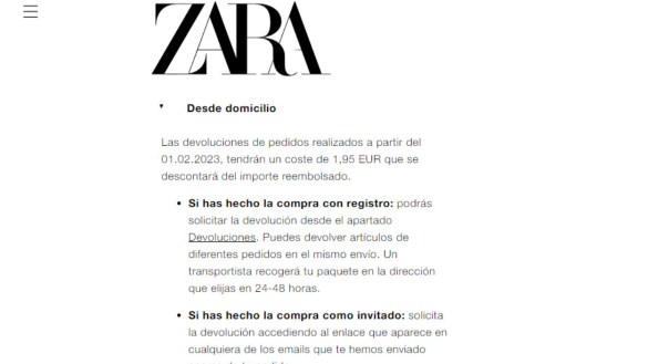 Devolución a domicilio de Zara por 1,95 euros Devolución a domicilio de Zara por 1,95 euros