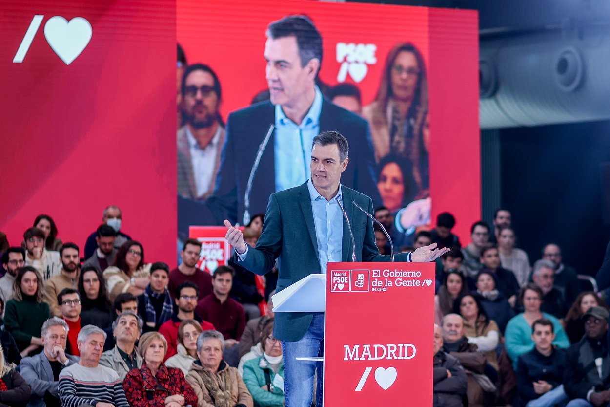 Pedro Sánchez durante el acto de este sábado celebrado en Villaverde. EP.