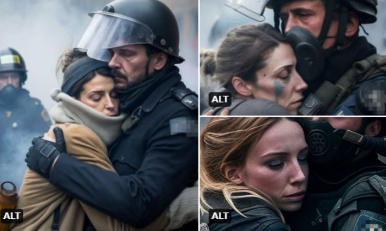 Imágenes creadas por una IA de un policía francés abrazando manifestantes en las protestas por la reforma de la jubilación. Twitter