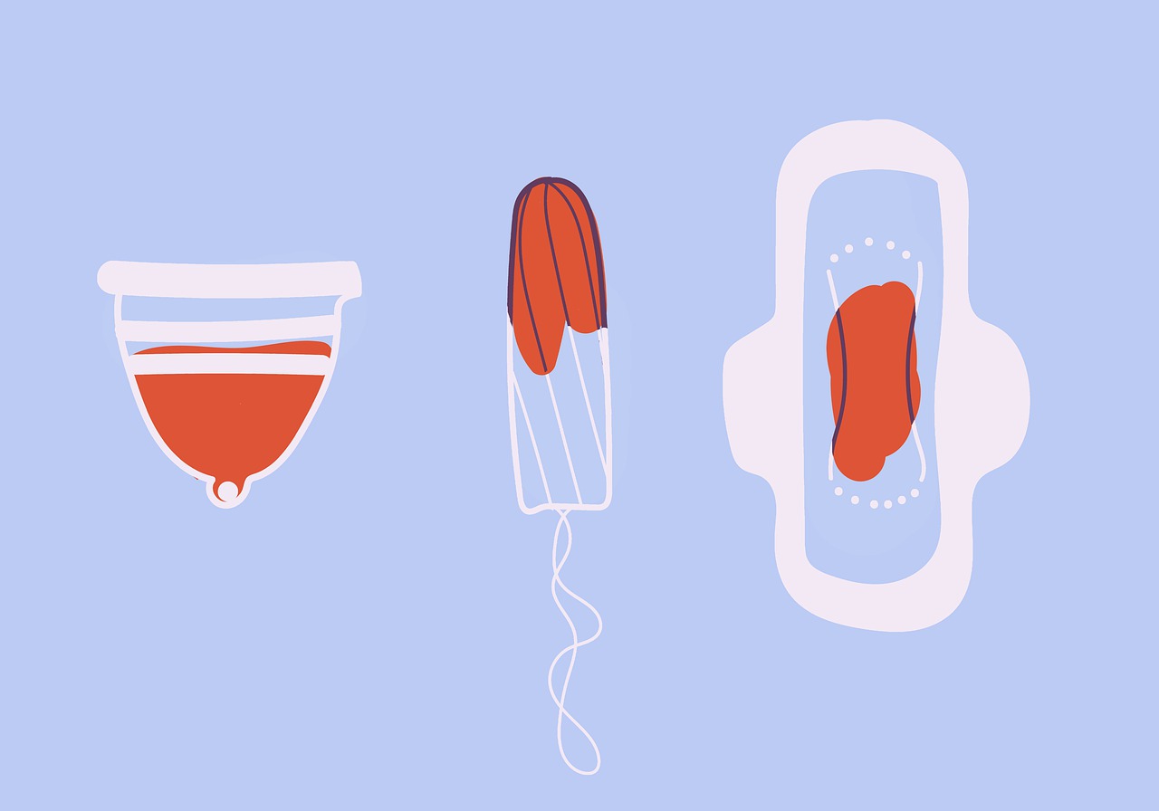 Ilustración de productos de higiene femenina para la menstruación. Pixabay.