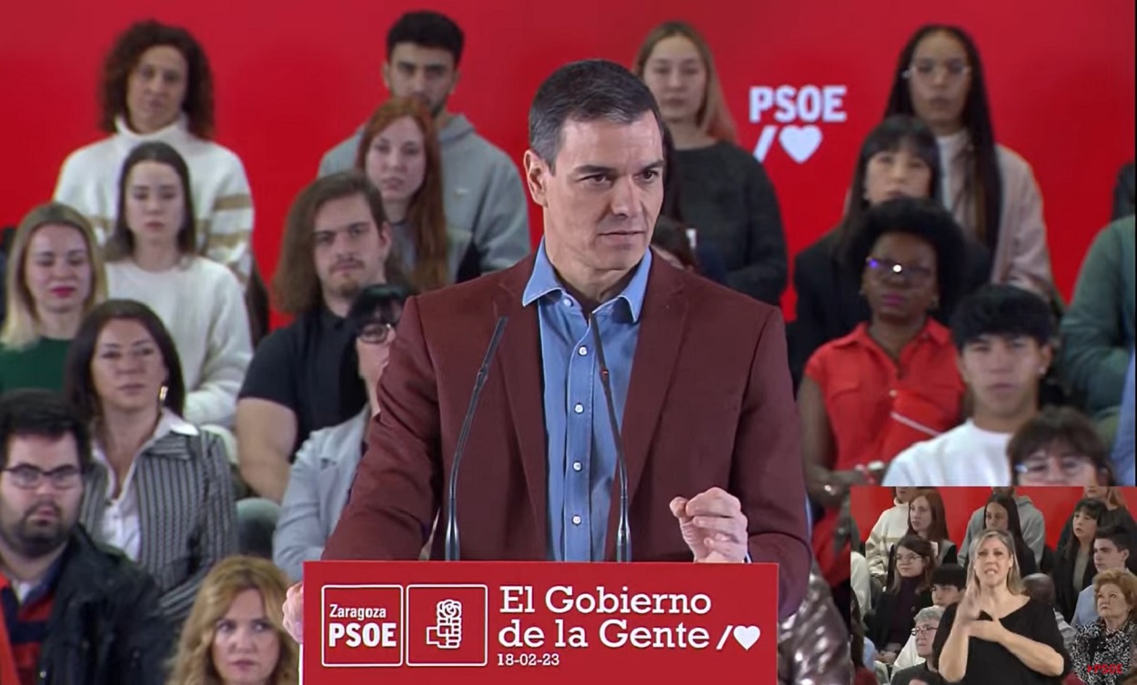 El presidente del Gobierno, Pedro Sánchez, en un acto de partido en Zaragoza. @PSOE via YouTube.