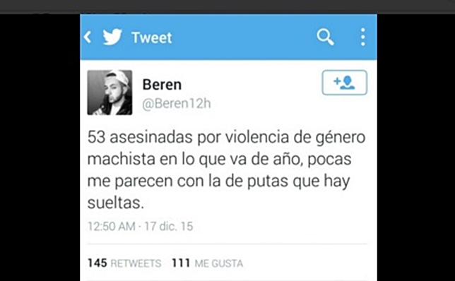 Comentario en Twitter incitando a la violencia de género