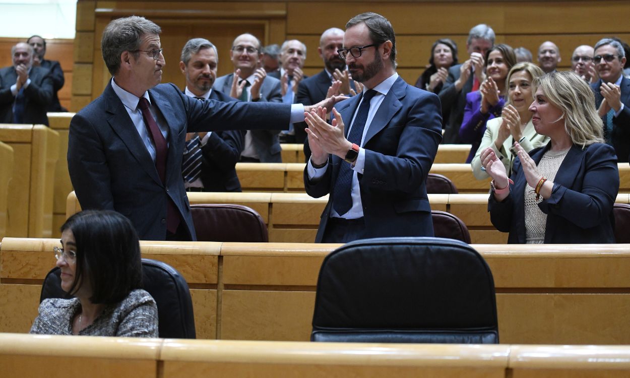 El presidente del PP, Alberto Núñez Feijóo (i) y el portavoz del Partido Popular (PP) en el Senado, Javier Maroto (c). EP