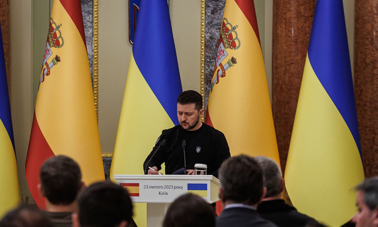 El presidente de Ucrania, Volodimir Zelenski, en la rueda de prensa conjunta con su homólogo español, Pedro Sánchez. EP.