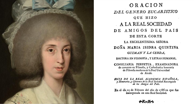 Retrato de María Isidra con su discurso de ingreso a la Real Academia de la Lengua