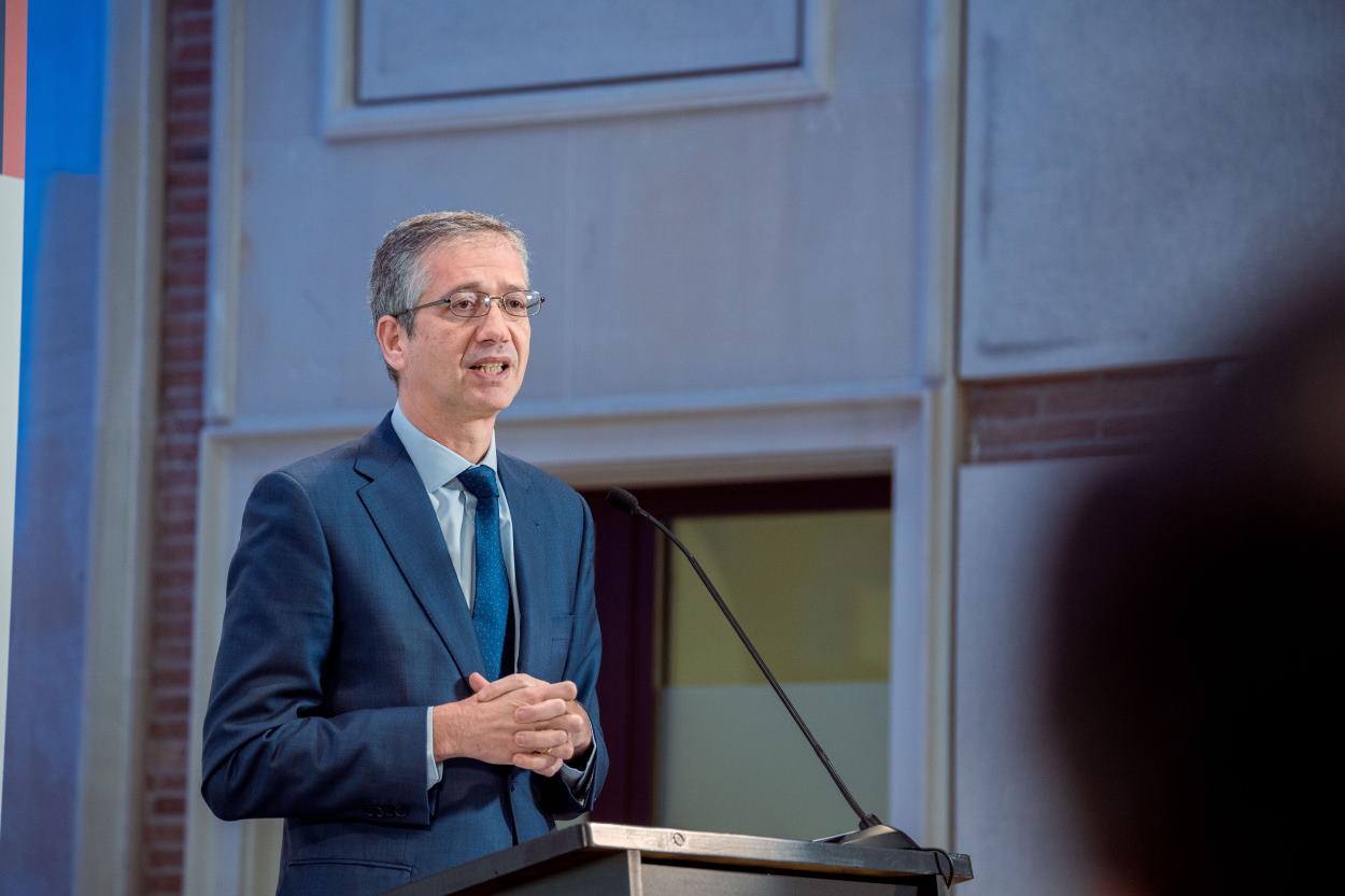 El gobernador del Banco de España, Pablo Hernández de Cos, durante su intervención en el III Observatorio de las Finanzas. EP.
