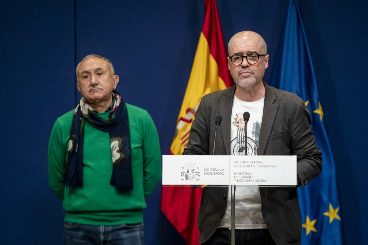 El secretario general de CCOO, Unai Sordo, y el secretario general de UGT, Pepe Álvarez. EP.