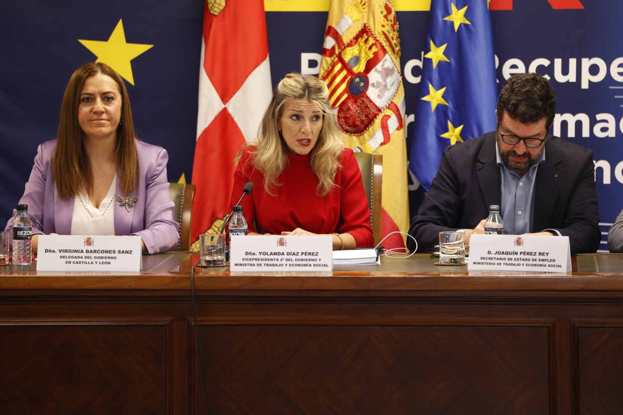 La vicepresidenta segunda del Gobierno y ministra de Trabajo y Economía Social, Yolanda Díaz, durante su reunión con los agentes sociales de Castilla y León. EP.
