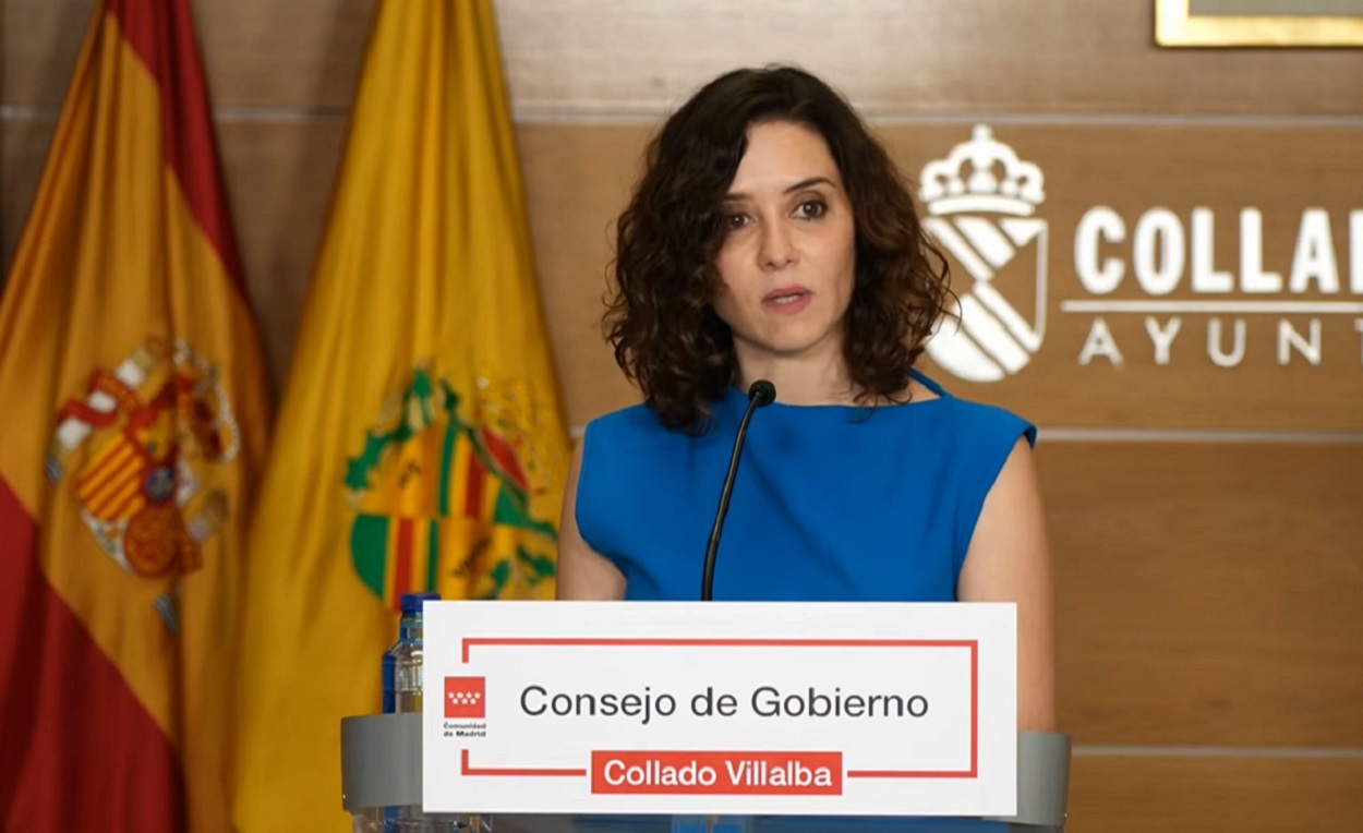 La presidenta de la Comunidad de Madrid, Isabel Díaz Ayuso, comparece tras celebrar un Consejo de Gobierno en Collado Villalba. Comunidad de Madrid.