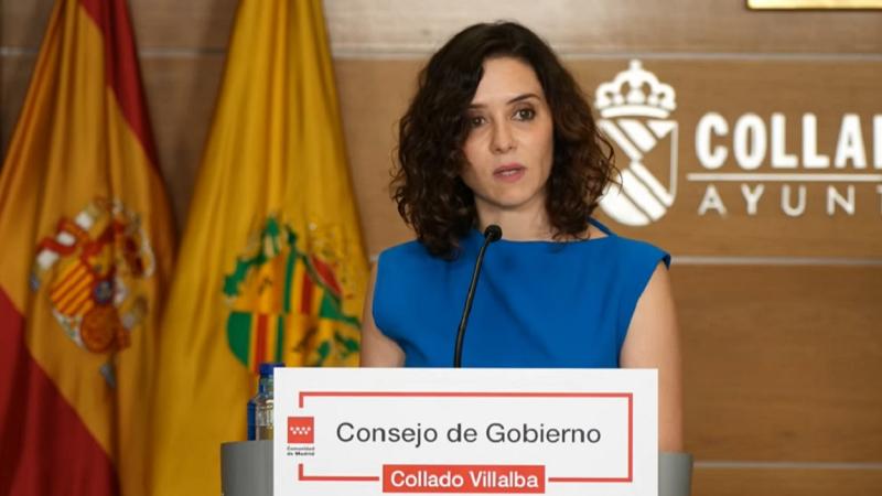 La presidenta de la Comunidad de Madrid, Isabel Díaz Ayuso, comparece tras celebrar un Consejo de Gobierno en Collado Villalba. Comunidad de Madrid.