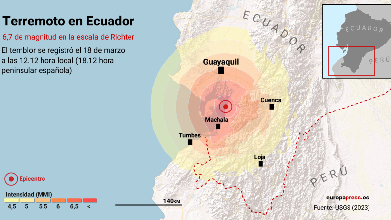 Mapa que representa la localización del terremoto de 6,7 de magnitud en la escala de Richter que ha sacudido este sábado la costa del Pacífico ecuatoriano