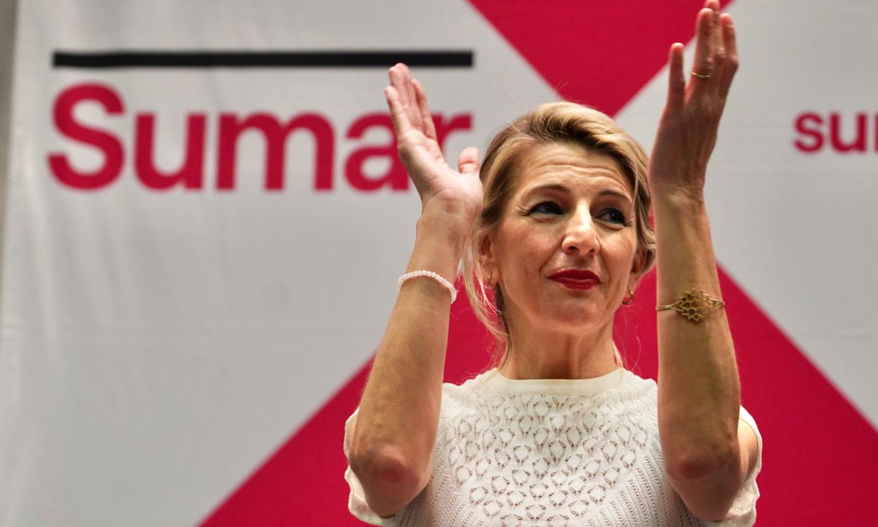 Yolanda Díaz, en el acto de escucha de su plataforma, Sumar, en Sevilla. EP