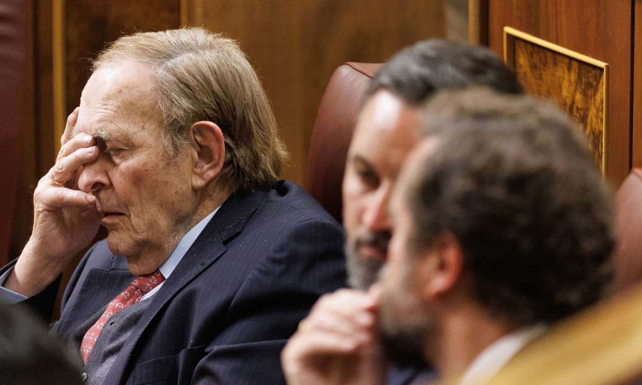 El candidato de la moción de censura, profesor y economista Ramón Tamames, durante la segunda sesión. EP