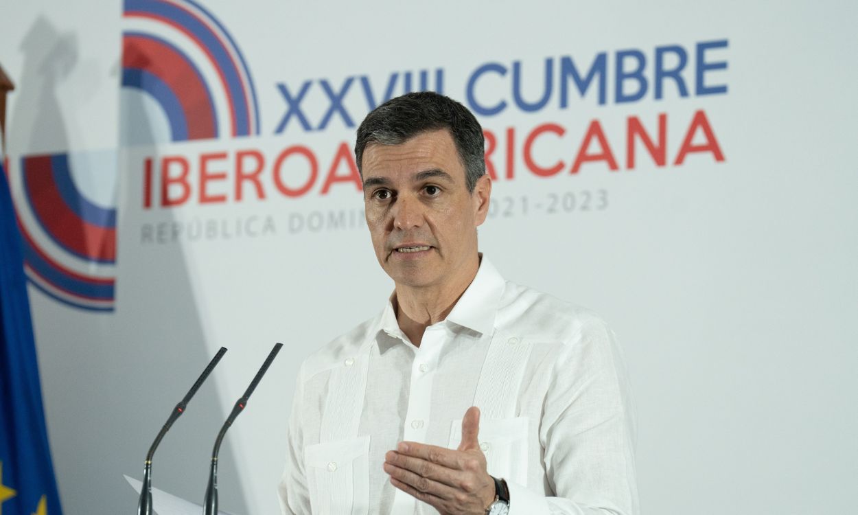 El presidente del Gobierno, Pedro Sánchez, en rueda de prensa al término de la Cumbre Iberoamericana en Santo Domingo