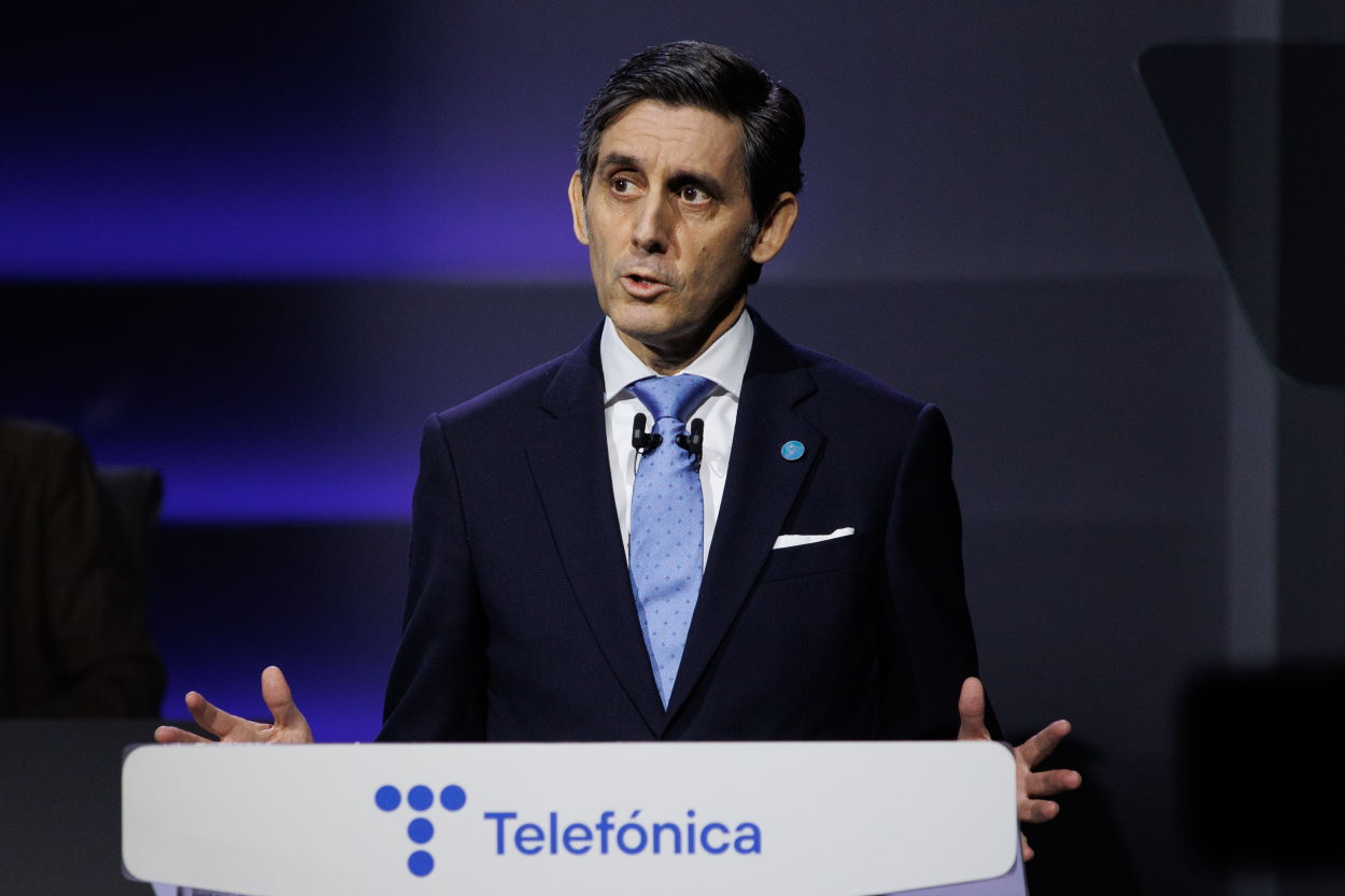 El presidente de Telefónica, José María Álvarez Pallete López, durante su intervención en la Junta General de Accionistas. EP.