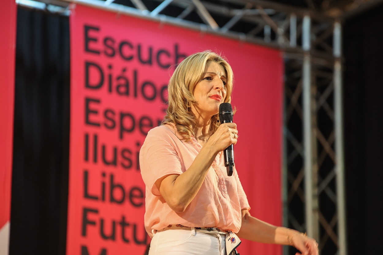 La vicepresidenta segunda del Gobierno y ministra de Trabajo y Economía Social, Yolanda Díaz, en una imagen de archivo durante un acto de Sumar. EP.