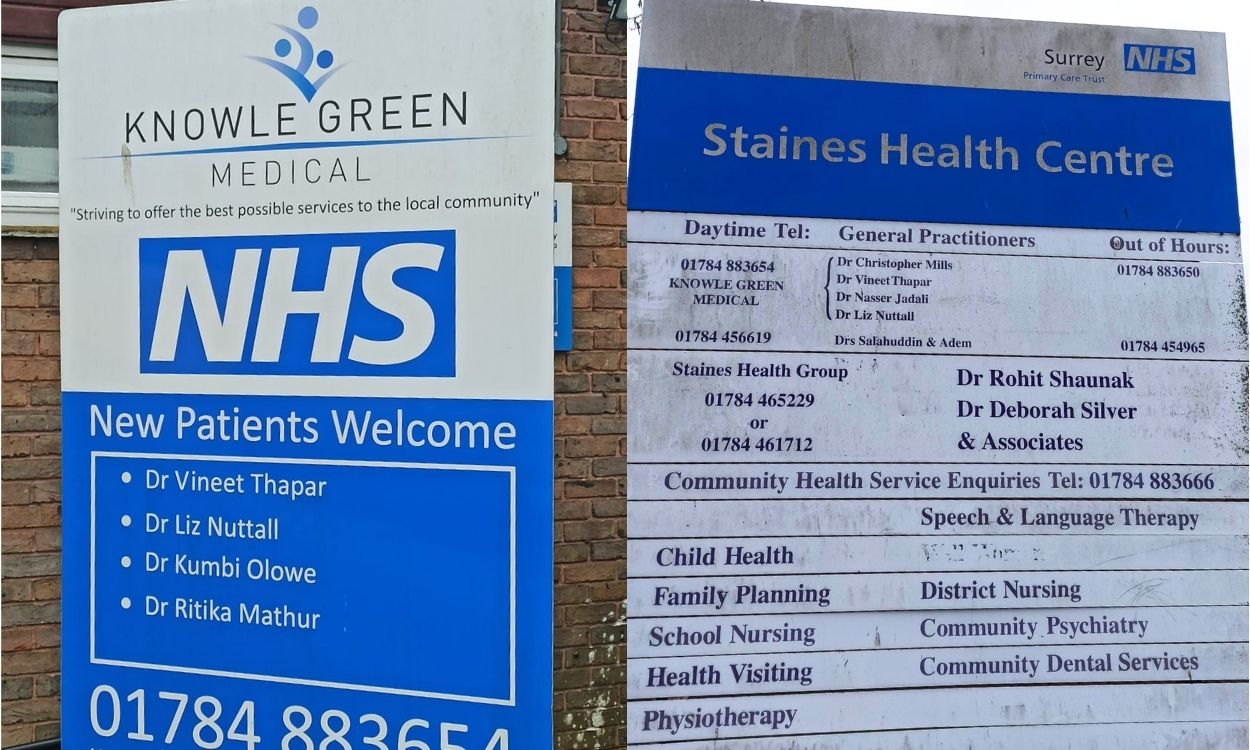 Carteles a la entrada de centros médicos británicos que muestran los nombres de los doctores que allí trabajan.  Mario Cuéllar
