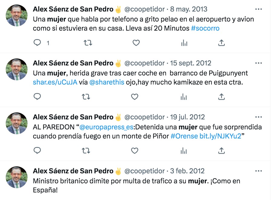 Tuits de Alex Sáenz de San Pedro entre 2012 y 2013. Captura de pantalla.